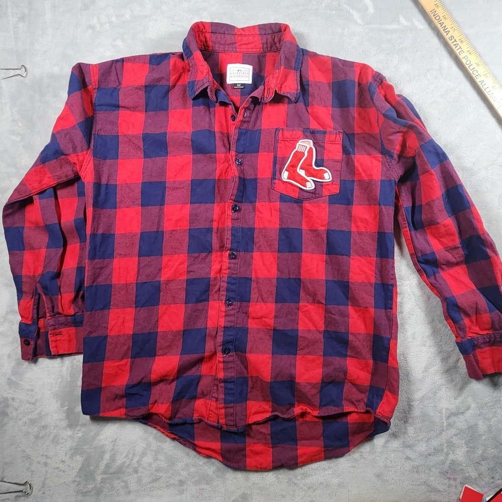 Men's MLB‎ Genuine Merchandise Blue/Red Checked Red Sox Flannel Shirt, Medium